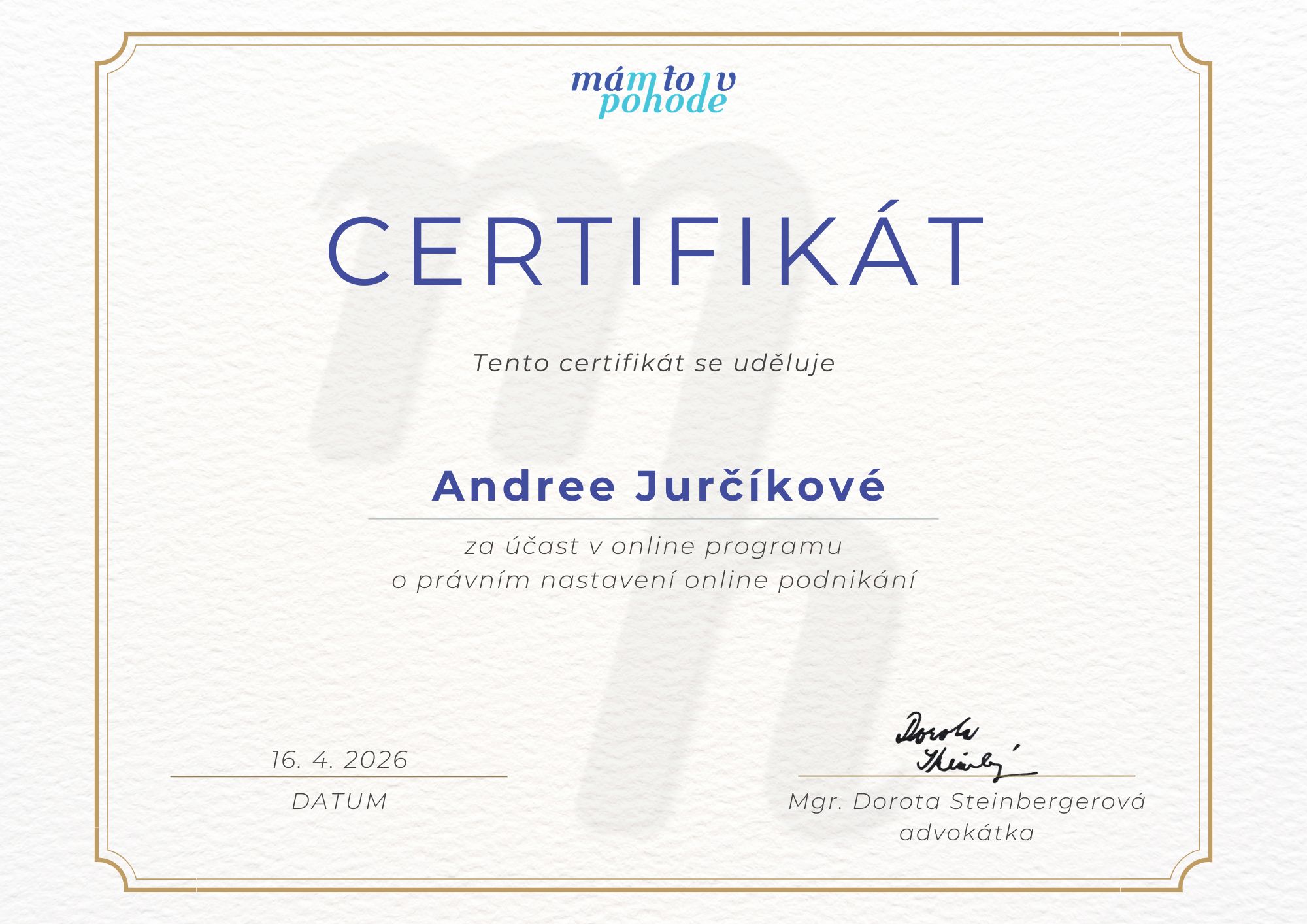 Certifikát Andrea Jurčíková